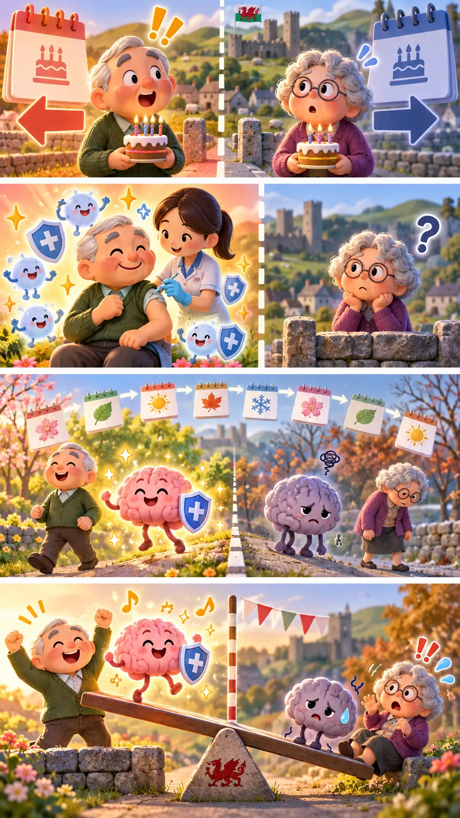 誕生日が1週間違うだけで認知症リスクに差? 帯状疱疹ワクチンの「自然実験」の4コマ漫画
