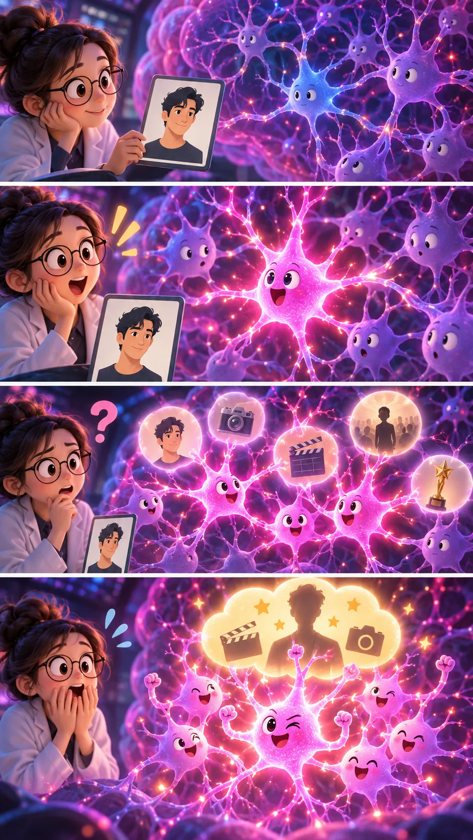 「ジェニファー・アニストンの写真にだけ反応する神経細胞」が見つかった話の4コマ漫画