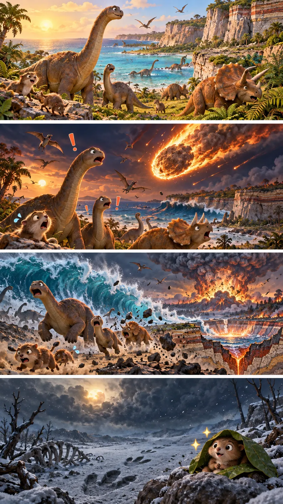 6600万年前、恐竜を滅ぼした小惑星が落ちた「その日」に地球で起きたことの4コマ漫画