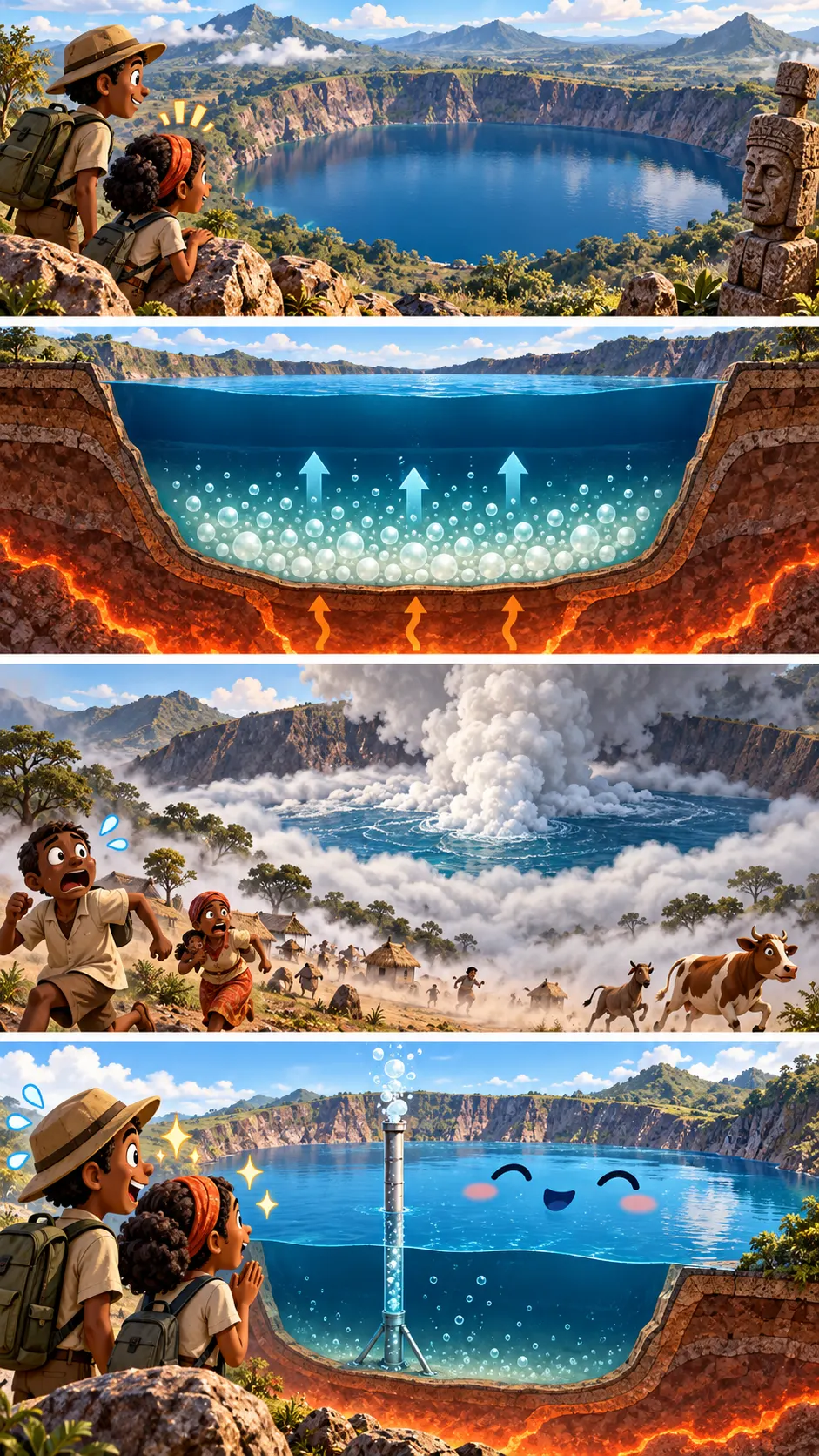 湖が「爆発」して1700人以上が亡くなった。カメルーン・ニオス湖の正体と、パイプで防ぐ技術の4コマ漫画