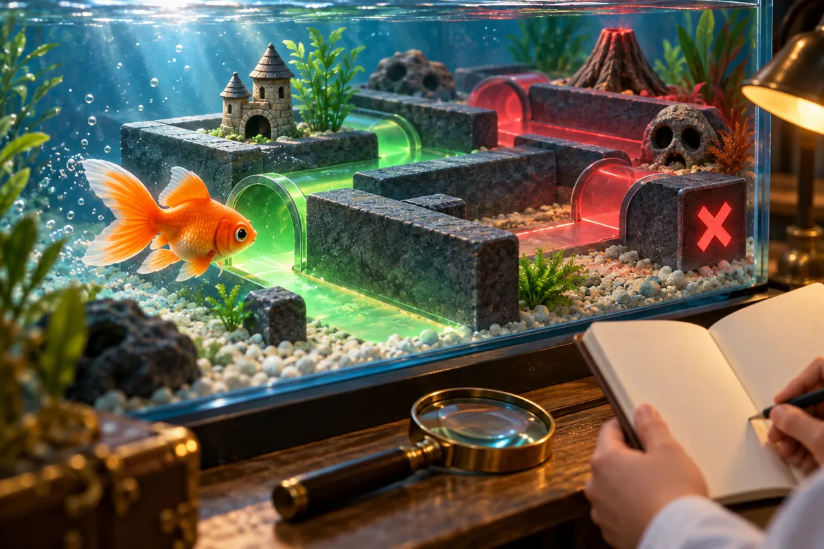 金魚は目印と景色を使って、迷路の正解ルートを覚える