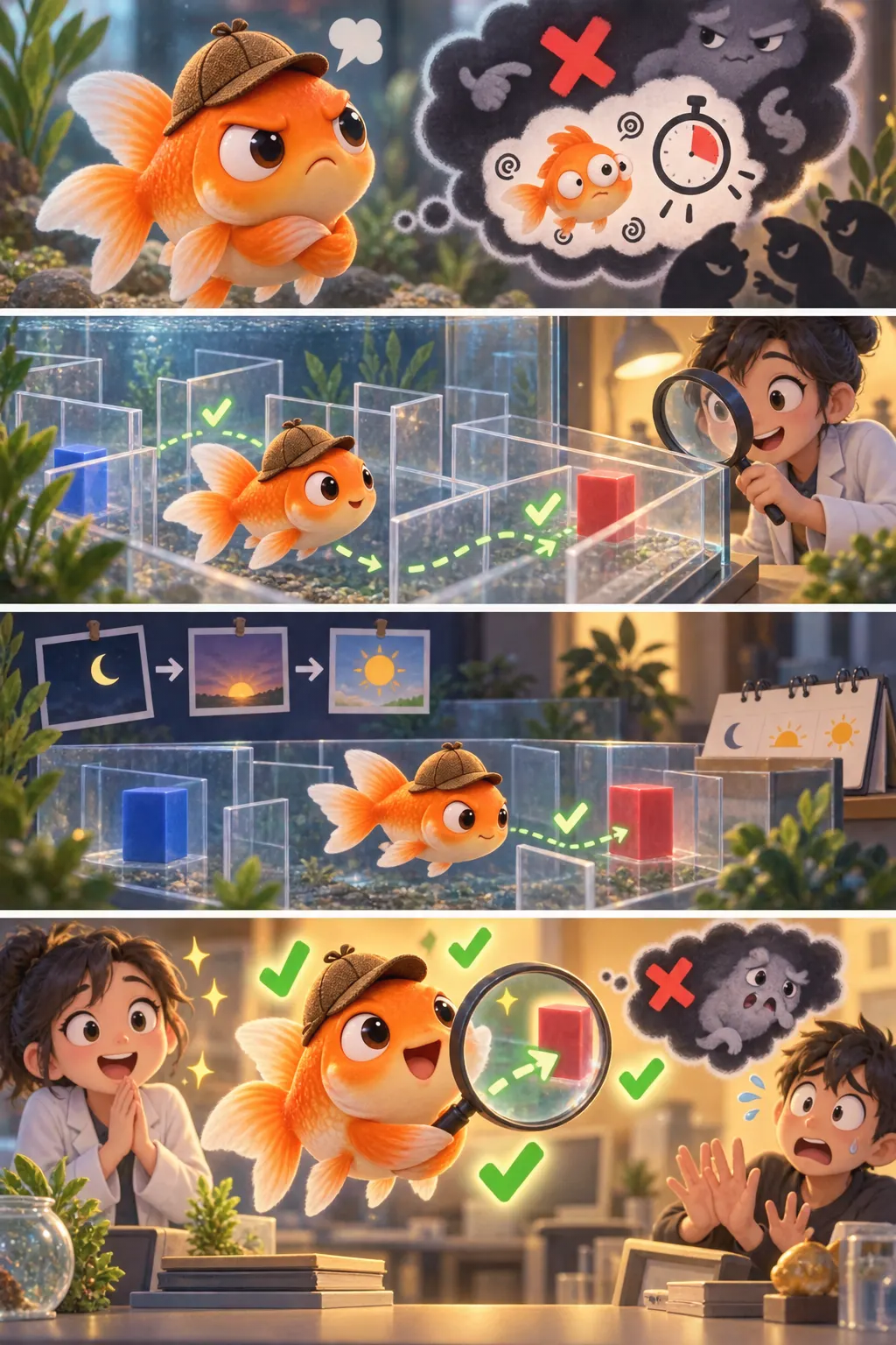 【悲報】金魚の記憶は3秒説、金魚に失礼すぎた。実験では何日も覚えていたの4コマ漫画