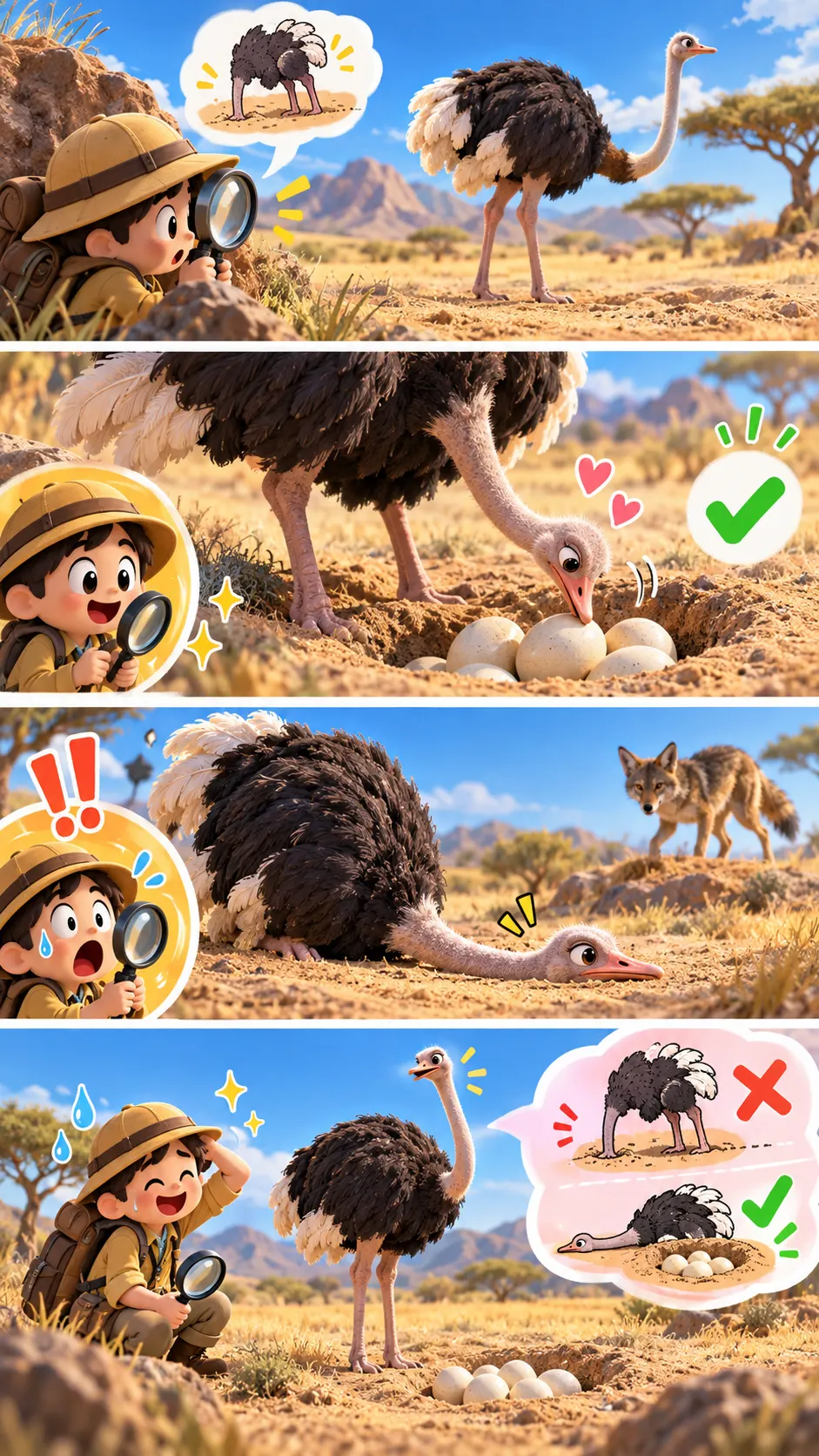 ダチョウは砂に頭を隠さない。"頭隠して尻隠さず"に見えたのは、まさかの子育て中だったの4コマ漫画
