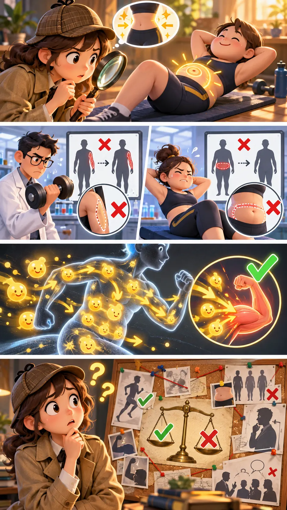 腹筋だけでお腹は痩せる? 「部分痩せ」を確かめた実験の答えの4コマ漫画
