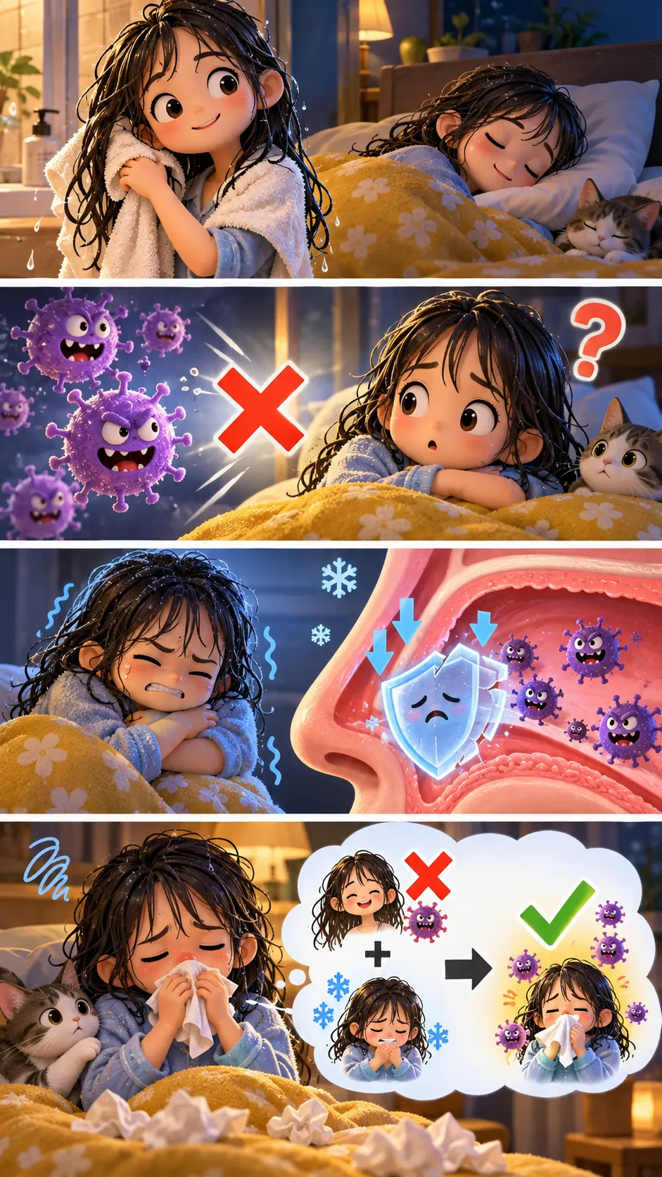 濡れた髪で寝ると風邪をひく? 「半分だけホント」と言える意外な理由の4コマ漫画
