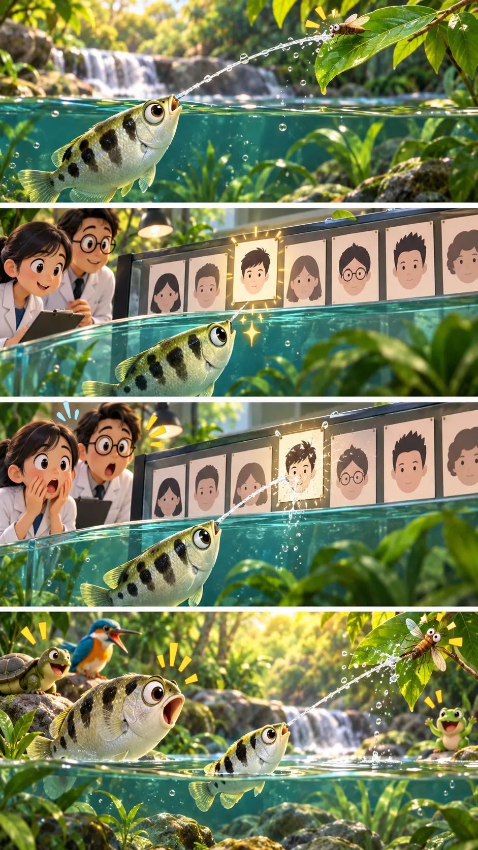 テッポウウオは「人の顔」を見分けた。水鉄砲で虫を撃ち落とす魚の、意外すぎる頭のよさの4コマ漫画