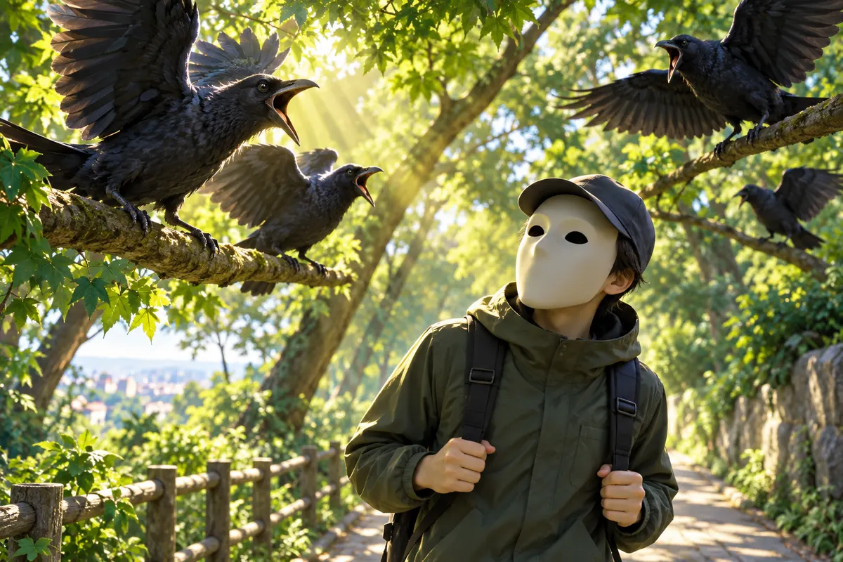 お面の「顔」を覚えたカラスたちが、一斉に騒ぎ出す。