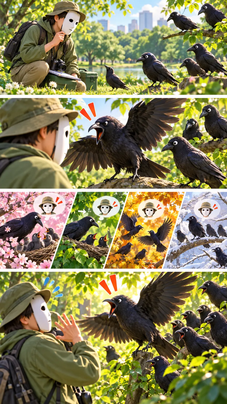 カラスに一度嫌われると、会ったこともないカラスにまで怒られる話の4コマ漫画