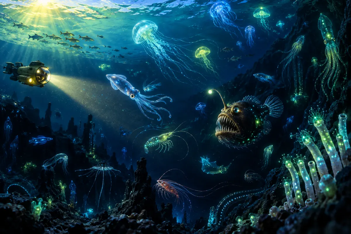 浅い所から深い所まで、光る生き物の割合はほぼ同じだった。