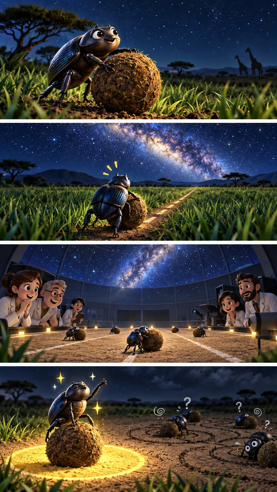 フンコロガシは「天の川」を見てまっすぐ進む。プラネタリウムで確かめた、動物界で初めての発見の4コマ漫画