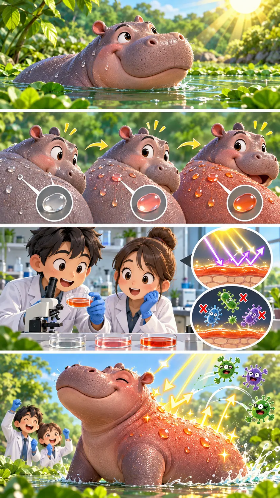 カバの汗は「赤い」。日本の研究者が突き止めた、日焼け止めと抗菌剤を兼ねる天然色素の4コマ漫画