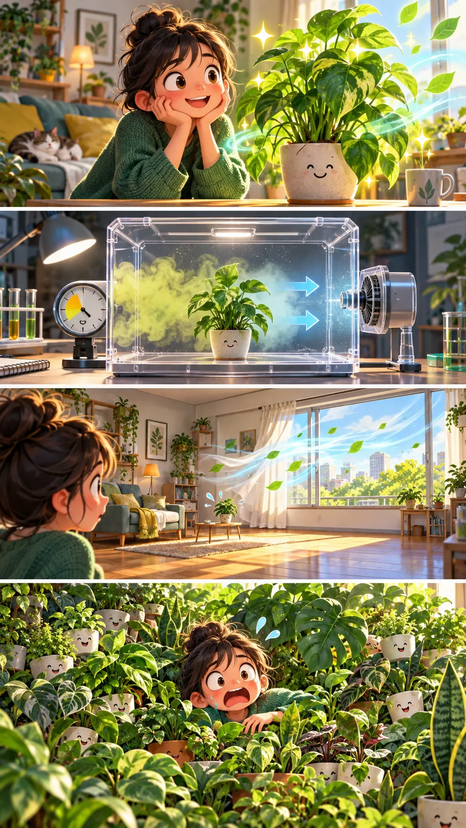「観葉植物で空気がキレイに」は幻想? 換気と同じ効果には1㎡に10〜1000鉢が必要だったの4コマ漫画