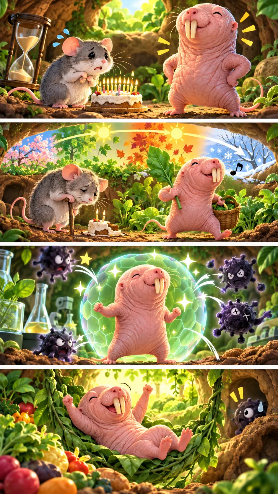 年をとっても死にやすくならない? ネズミなのに30年以上生きるハダカデバネズミの4コマ漫画