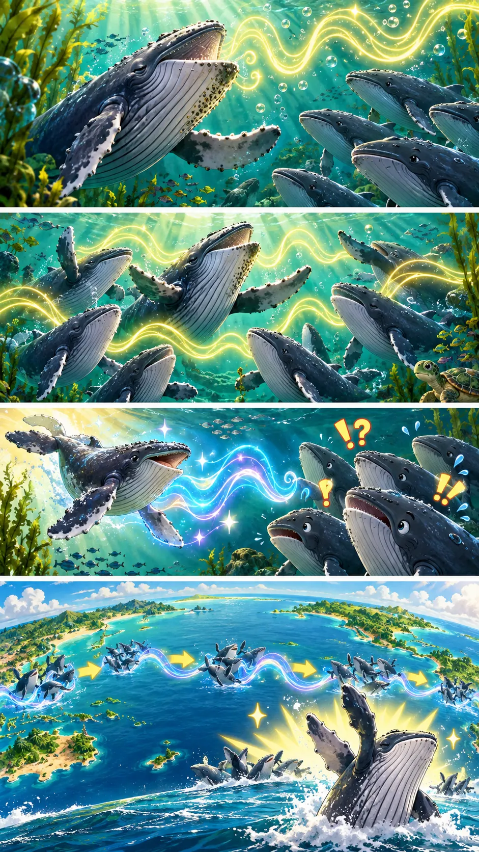 クジラの歌には「流行」がある。ザトウクジラのヒット曲は太平洋を東へ伝わっていたの4コマ漫画