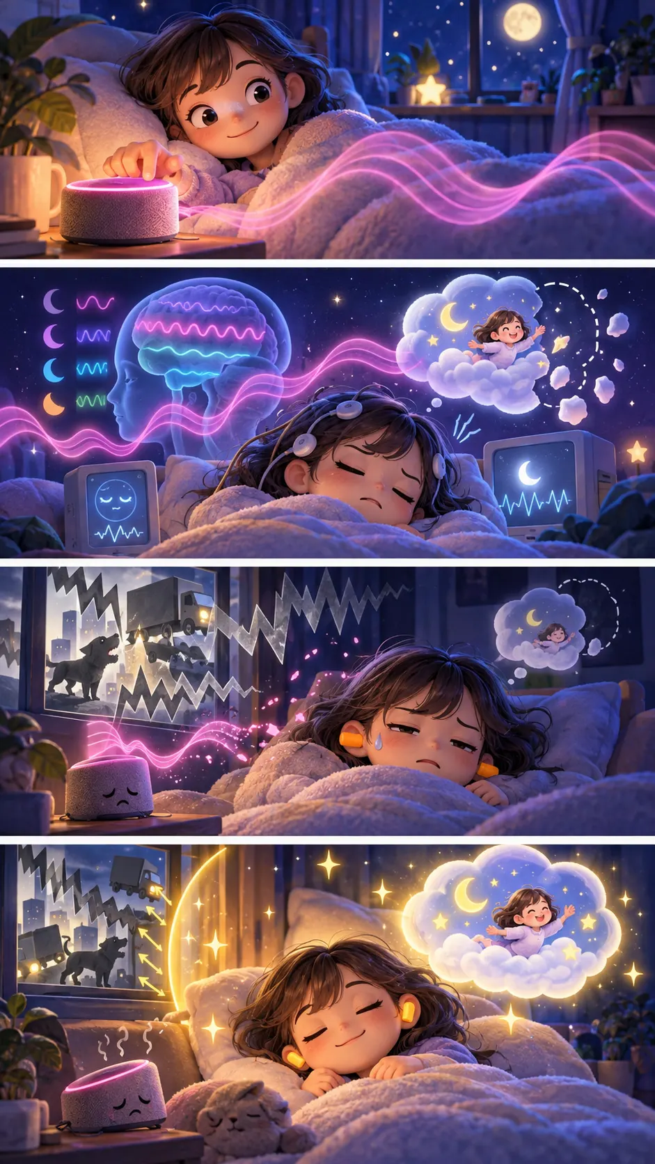【最新研究】安眠用の「ピンクノイズ」、実はレム睡眠を削っていた?の4コマ漫画