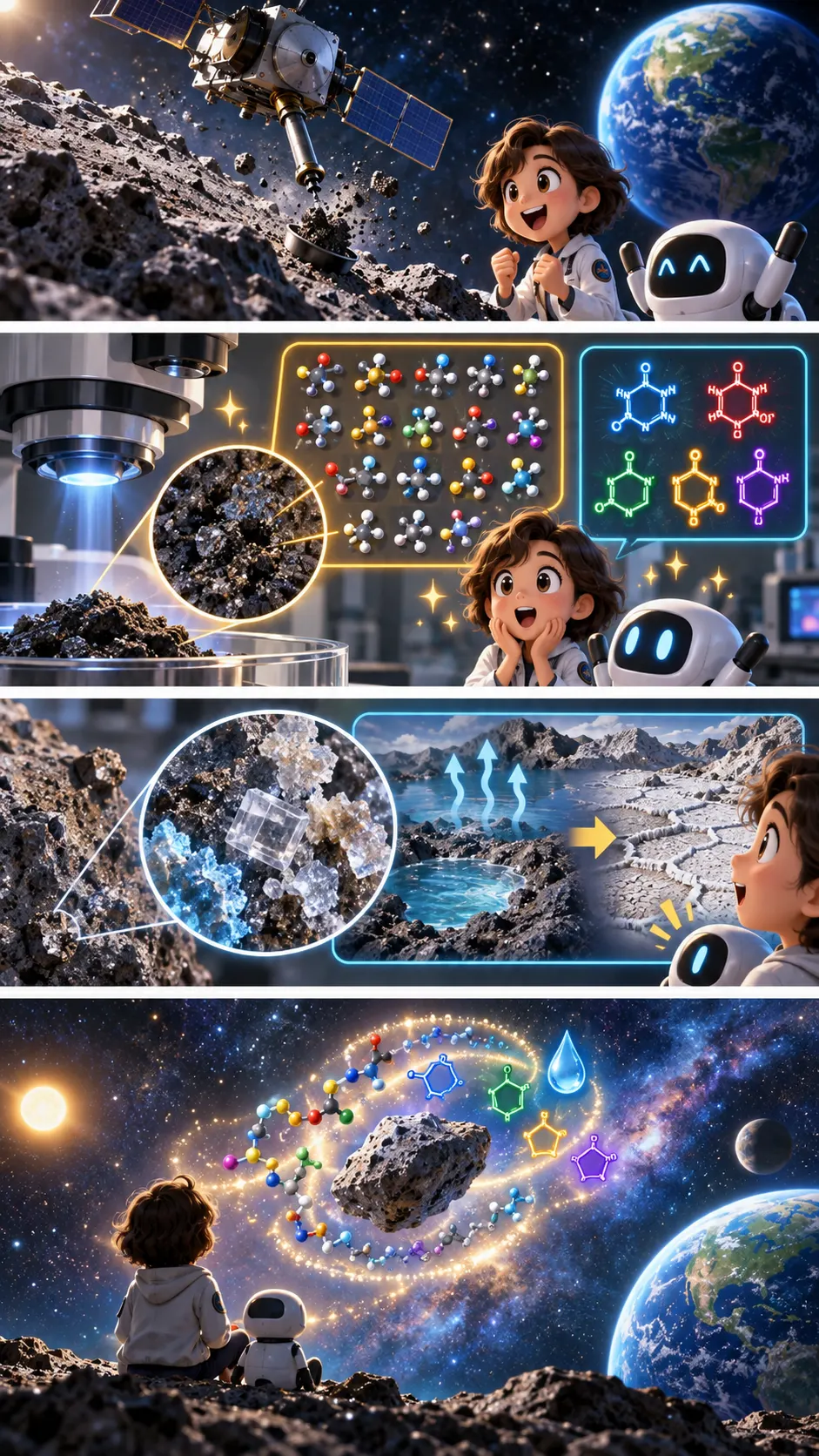 小惑星ベンヌの砂に、DNA・RNAの「文字」5種類がそろっていた。しかも「塩水」の跡までの4コマ漫画