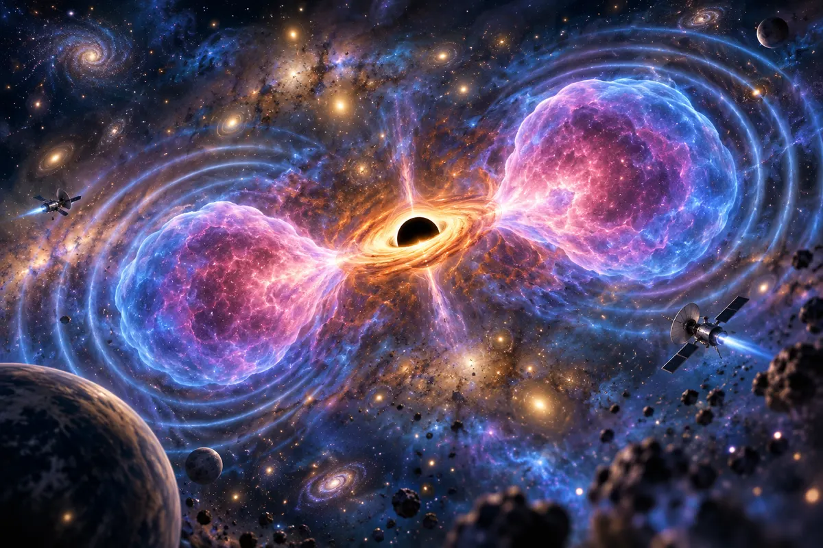 巨大ブラックホールが周りのガスにつくった波紋(イメージ)