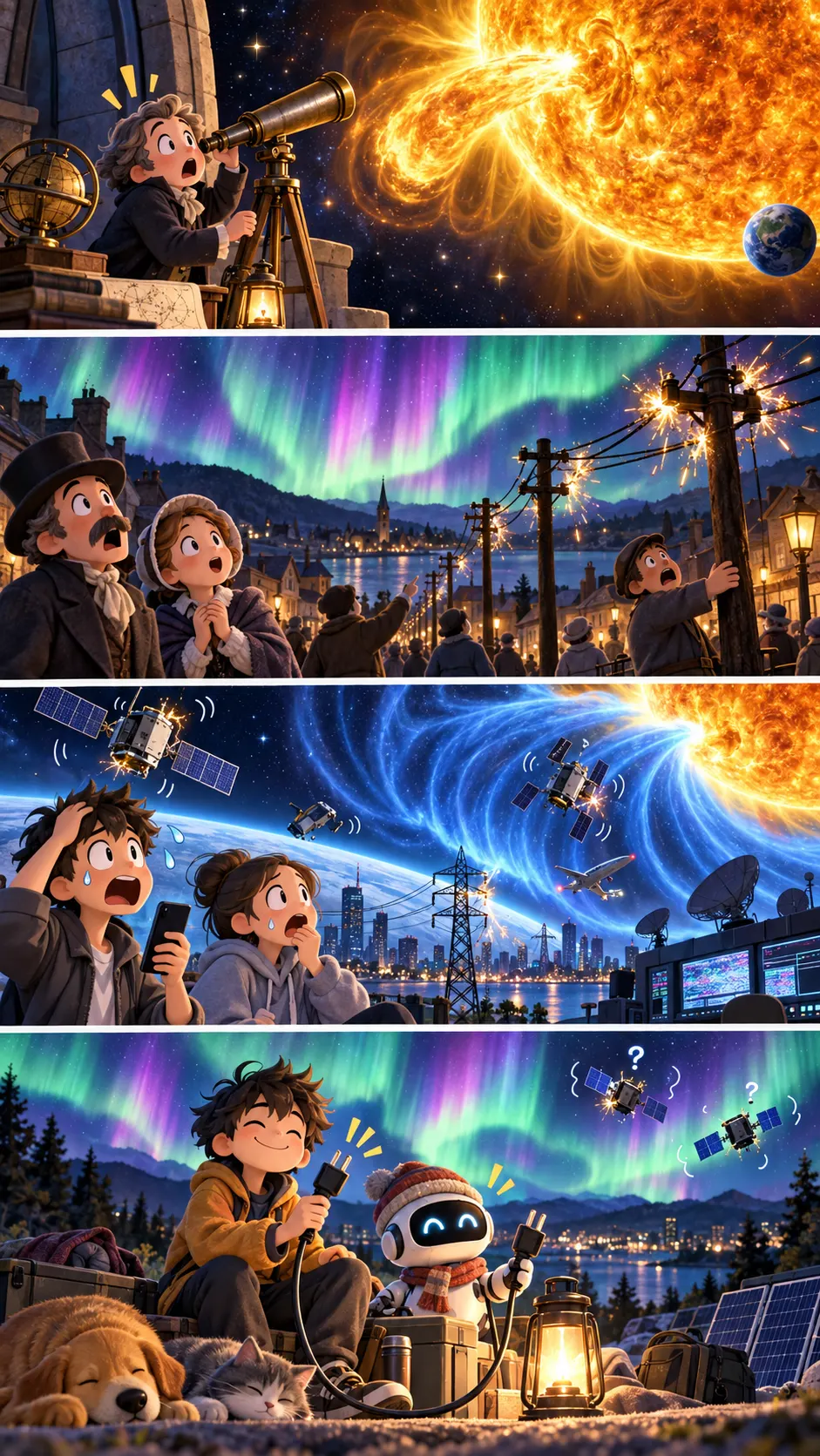 1859年、太陽の大爆発で電信線から火花が出た。「キャリントン・イベント」がいま起きたらの4コマ漫画