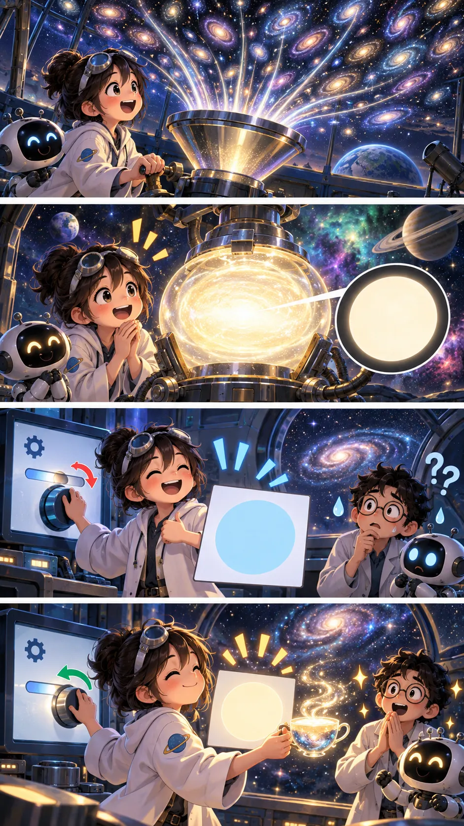 宇宙を全部まぜると何色?答えは「コズミック・ラテ」。最初は水色と発表されていたの4コマ漫画