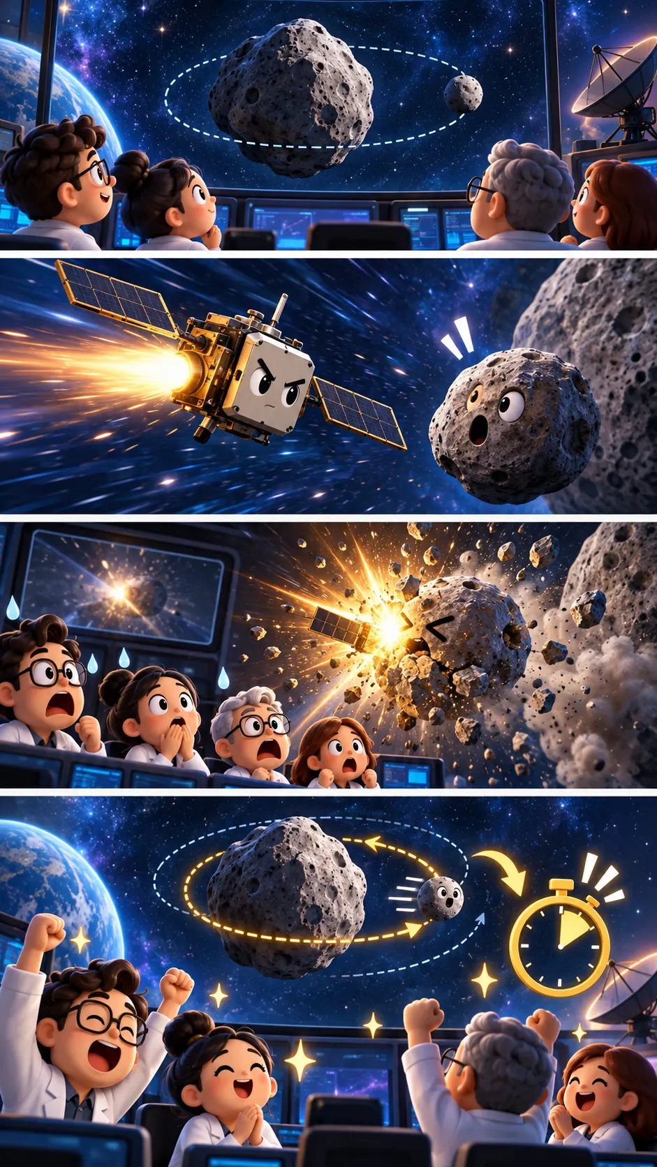 NASAは小惑星に宇宙船を体当たりさせ、本当に軌道を変えてしまったの4コマ漫画