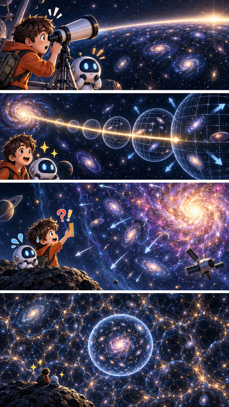 宇宙の果てはどこ? 見えている限界は約465億光年先。宇宙の年齢は138億年なのに、なぜ?の4コマ漫画