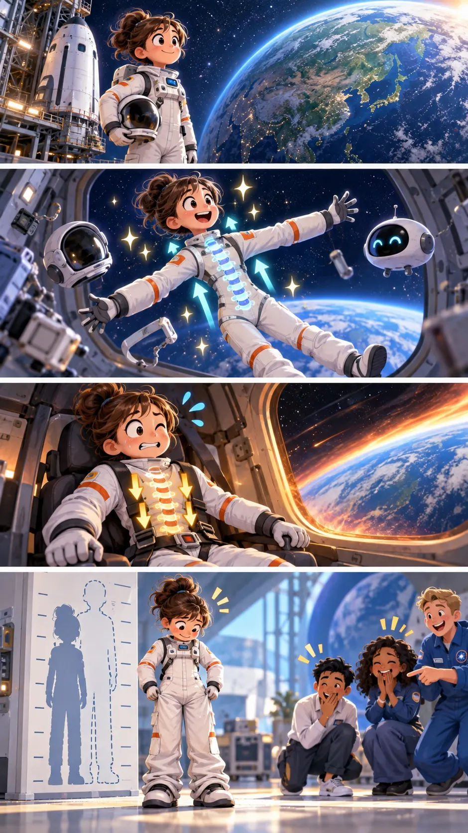 宇宙に行くと背が最大3%伸びる。でも地球に帰ると“元通り”になるワケの4コマ漫画