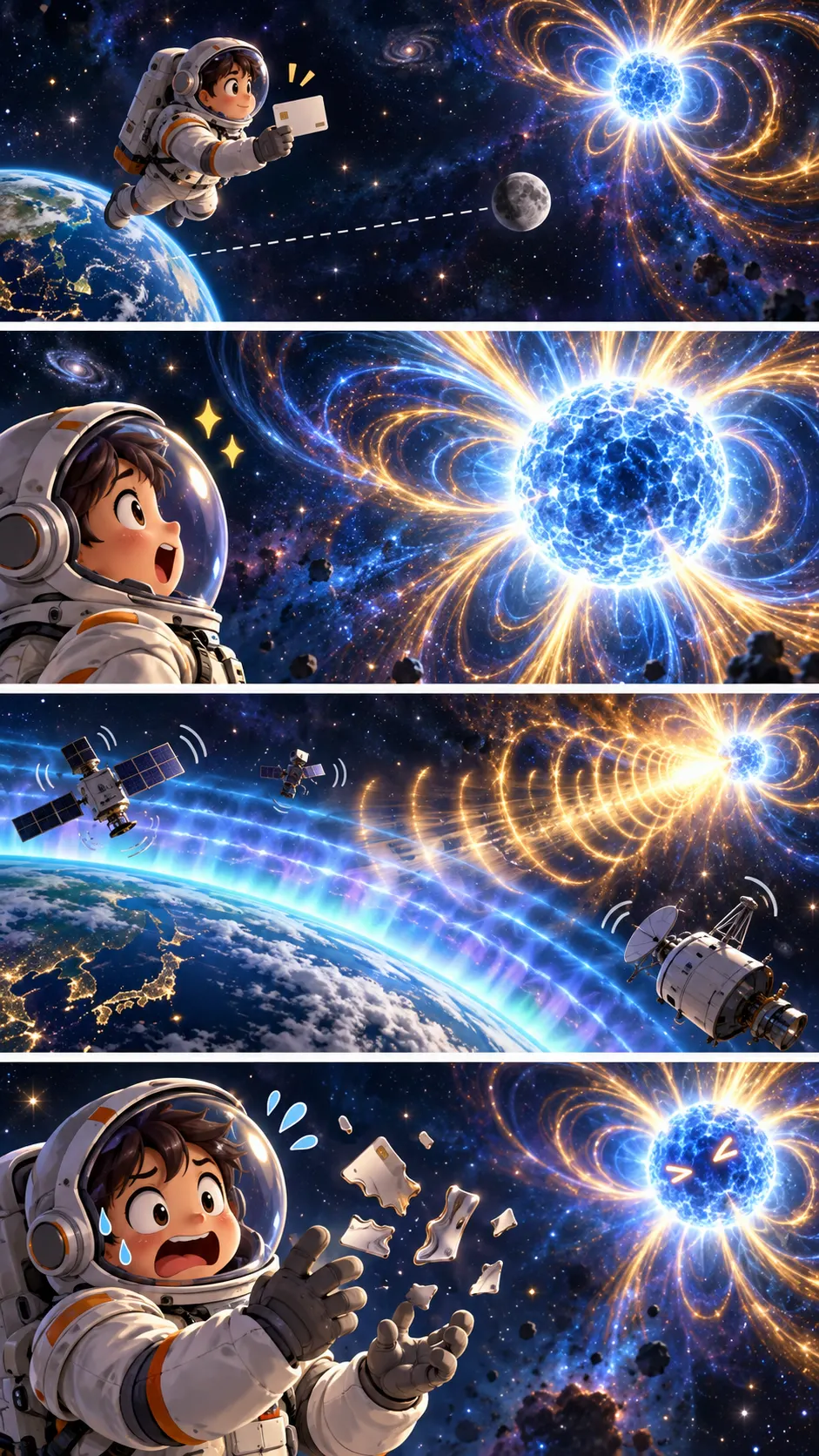 宇宙最強の磁石「マグネター」。月までの半分の距離からクレジットカードを壊すの4コマ漫画