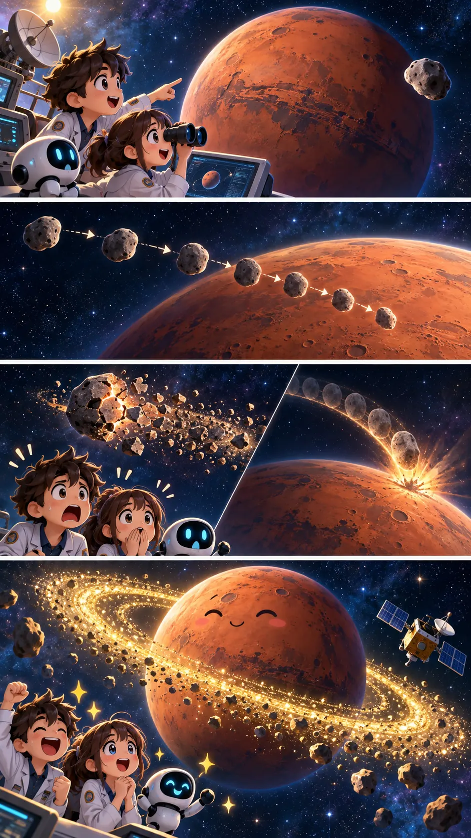火星の月フォボスは少しずつ落ちている。数千万年後、火星に「輪」ができるかもしれないの4コマ漫画