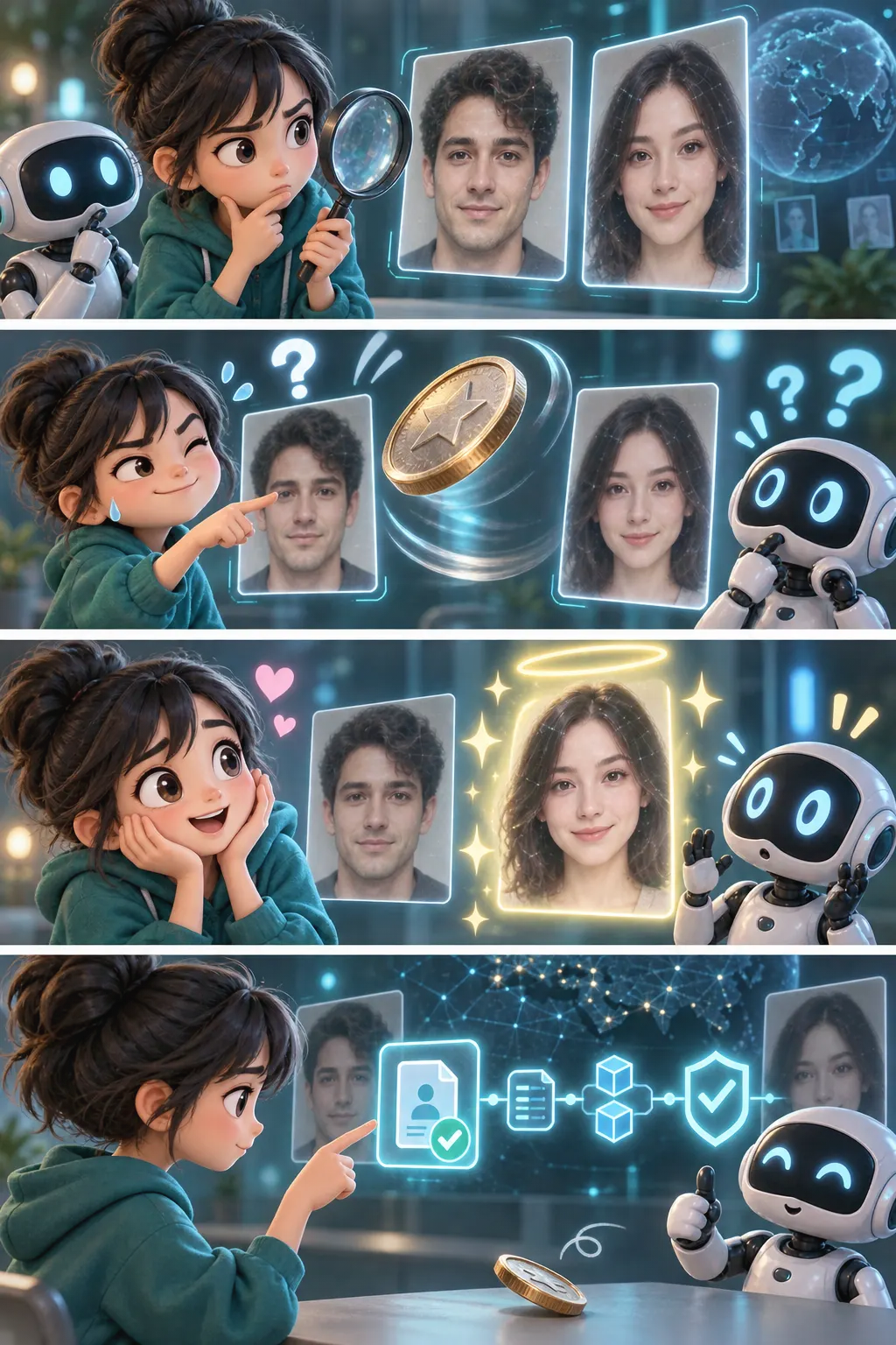 【悲報】AIが作った顔、人間の正解率は“コイン投げ”並みだった。ディープフェイクとの付き合い方の4コマ漫画