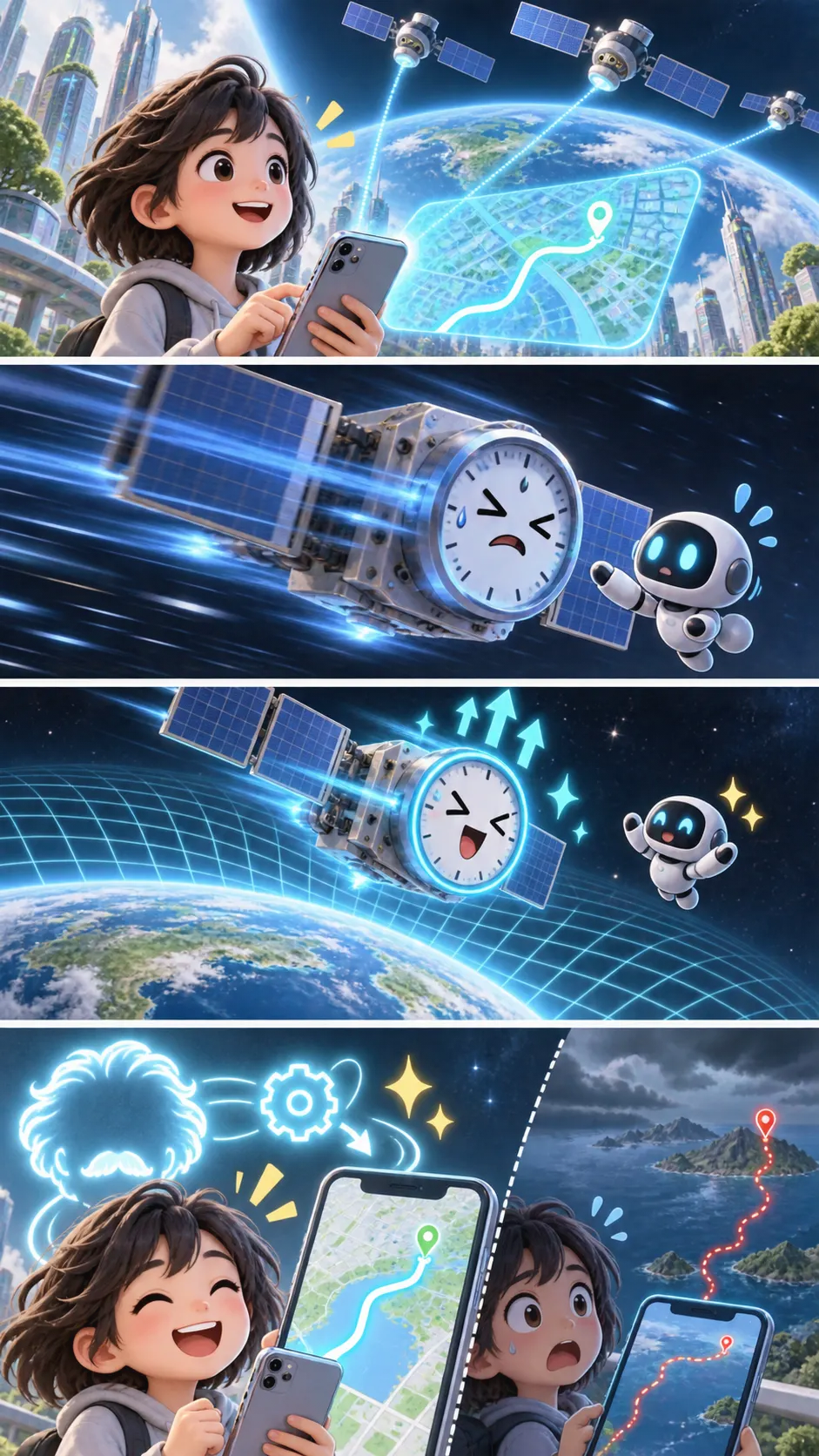スマホの地図アプリはアインシュタインのおかげ。相対性理論なしだとGPSは1日約10kmズレるの4コマ漫画