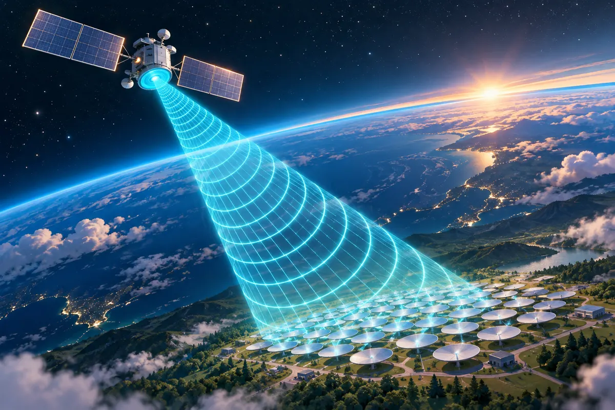 宇宙で作った電気を電波に変えて、地上のアンテナで受け取る。