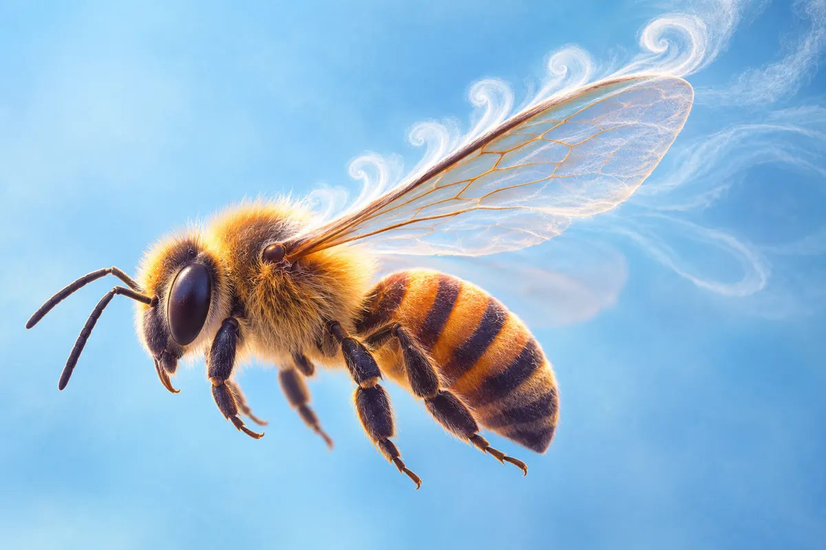 ハチの羽は大きな角度で空気を打ち、前の縁にできる渦で体を持ち上げる(イメージ)。