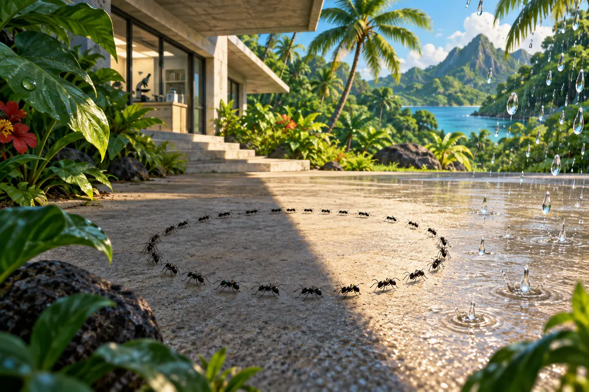 雨が当たる側をさけるように、輪は回りながら建物のひさしの下へずれていった
