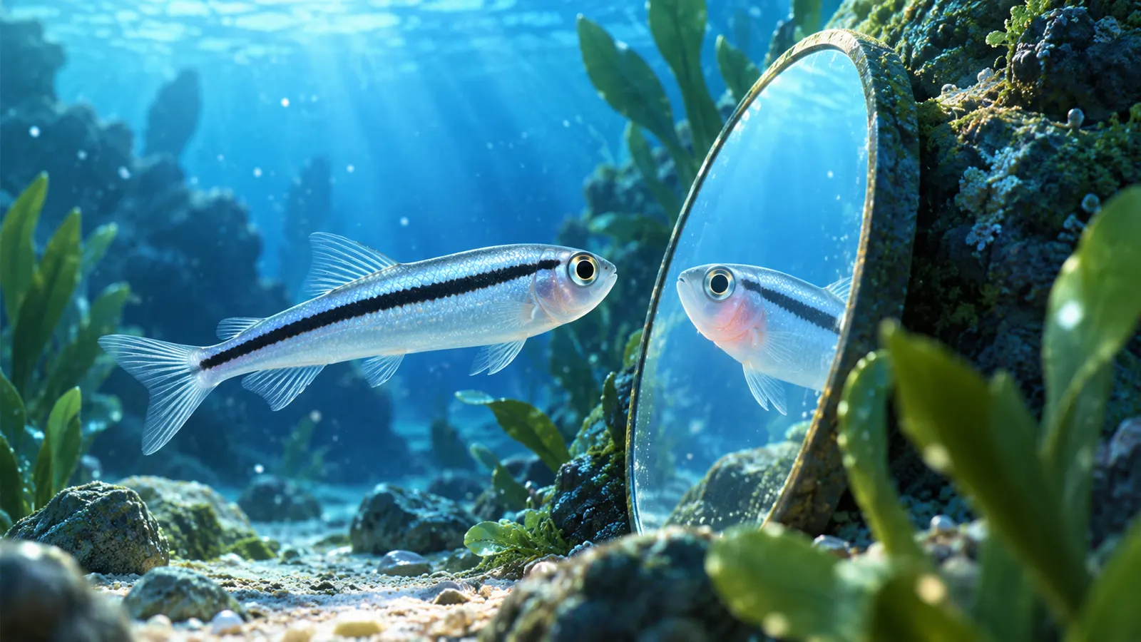 ホンソメワケベラは、鏡に映ったのどの印を見て、自分ののどをこすった