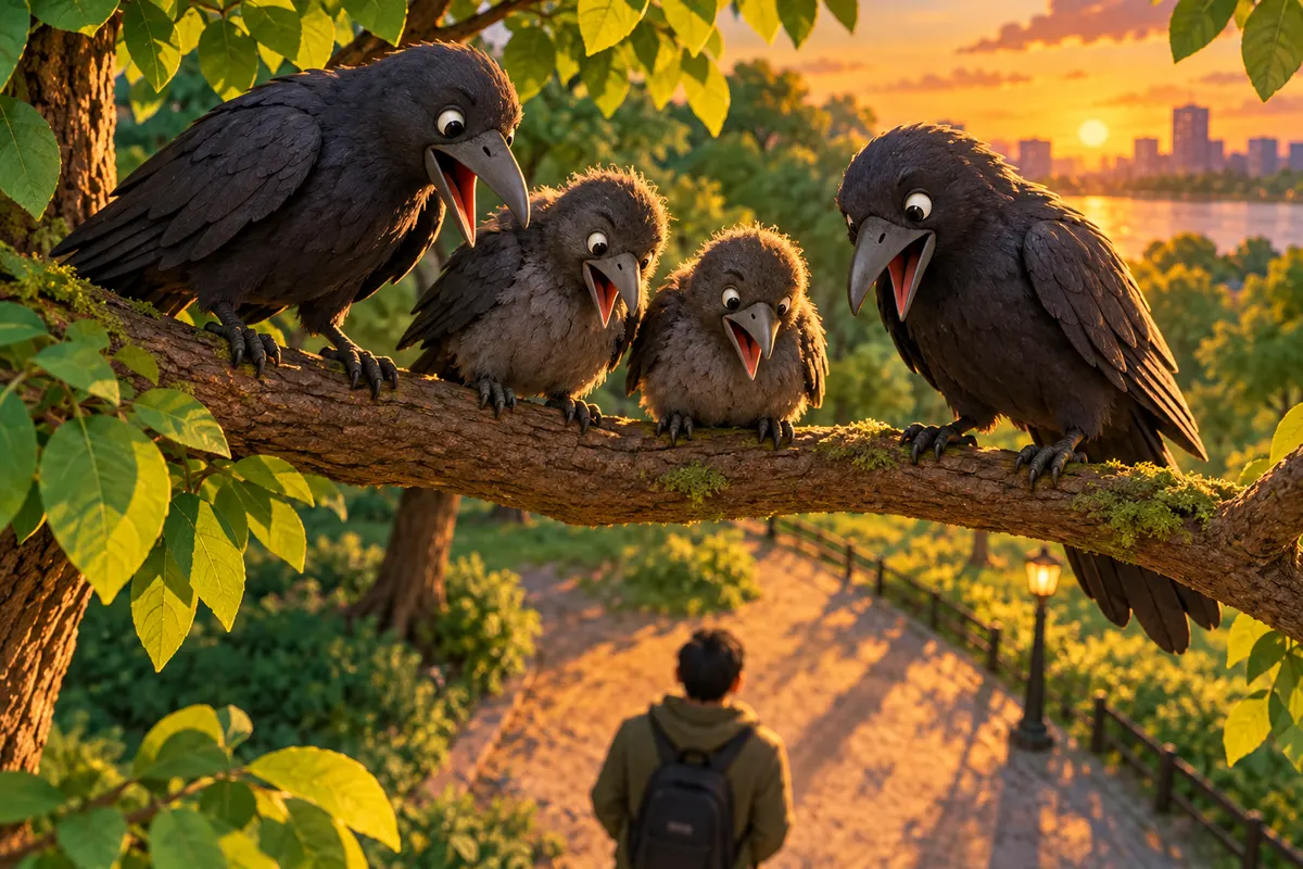 若いカラスは、親がお面の人に騒ぐのを見て、自分はひどい目にあっていないのに「危険な顔」を覚えた