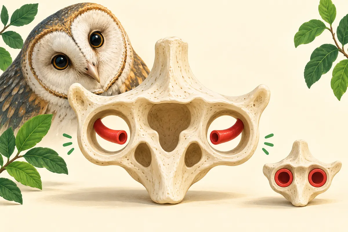 フクロウの首の骨の穴は、中を通る血管よりずっと太い。人では血管が穴にぴったり収まっている。