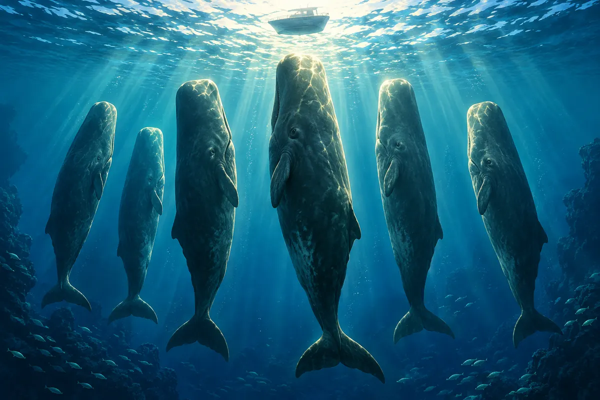 海面のすぐ下で、体を縦にして漂うマッコウクジラの群れ