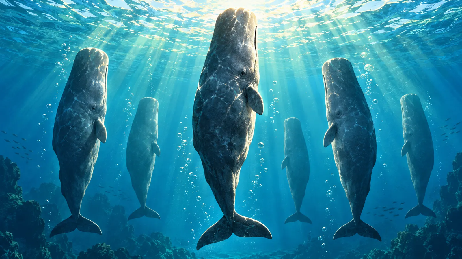 マッコウクジラは、海面のすぐ下で体を縦にして、群れで眠っているらしい