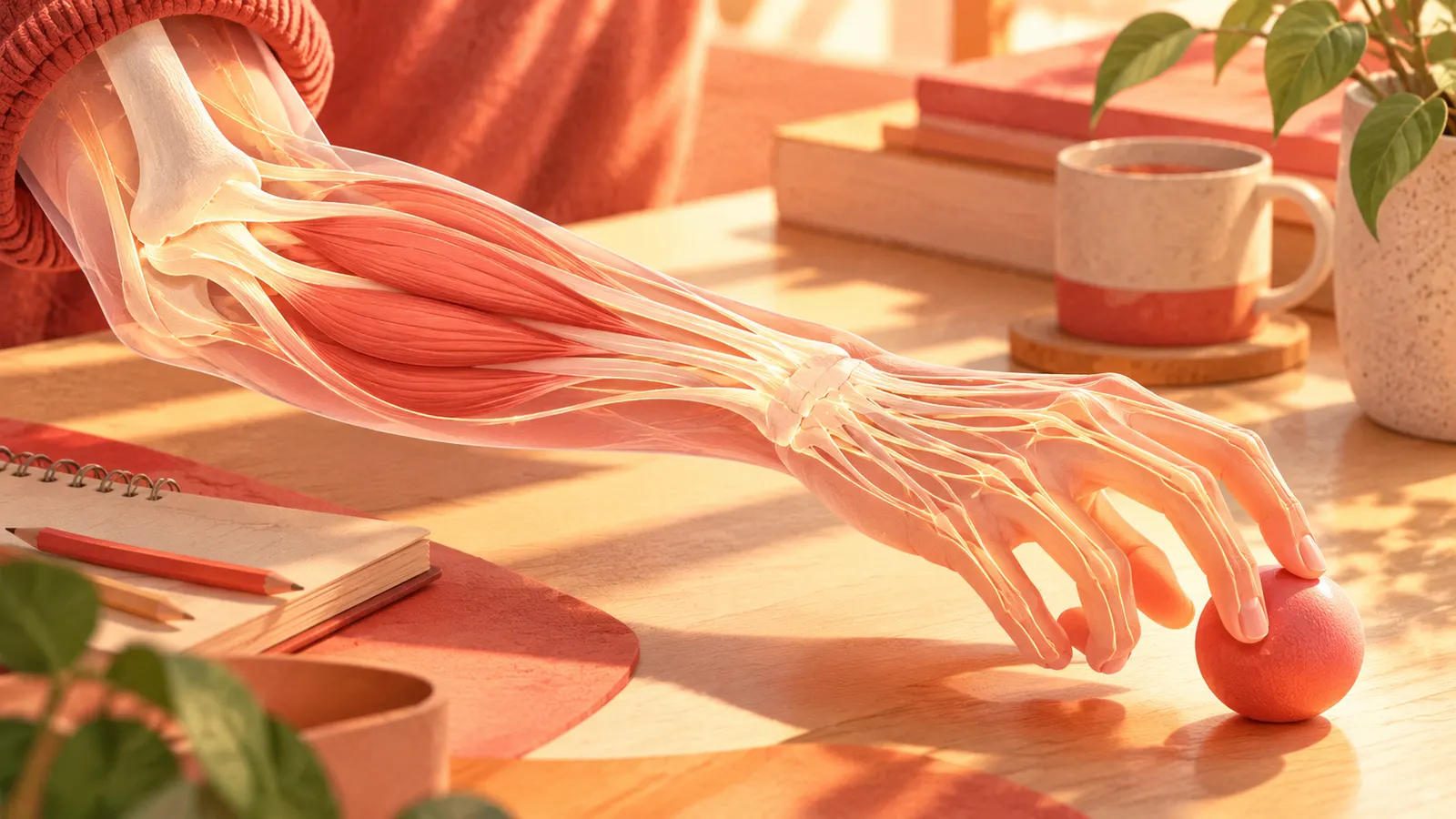 指の中には筋肉がほとんどなく、腕の筋肉が長い腱で指を引っぱっている
