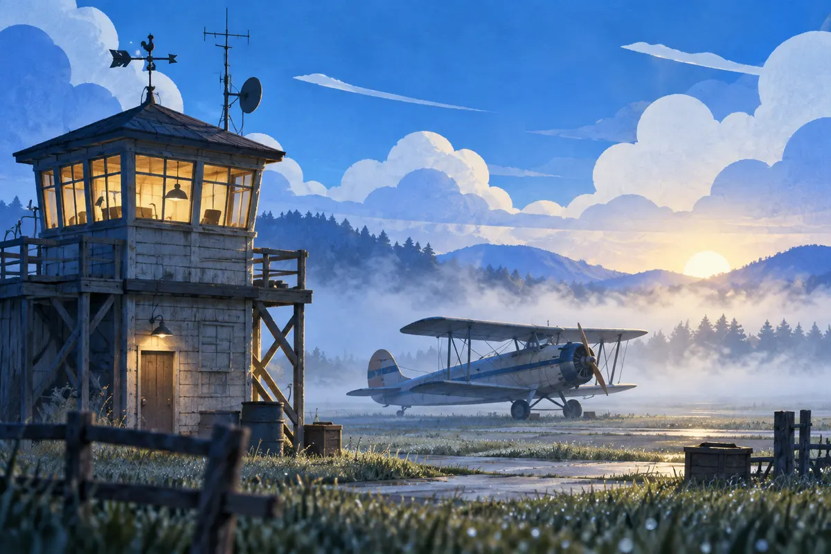 1920年代のクロイドン空港のような、草地の飛行場(イメージ)。
