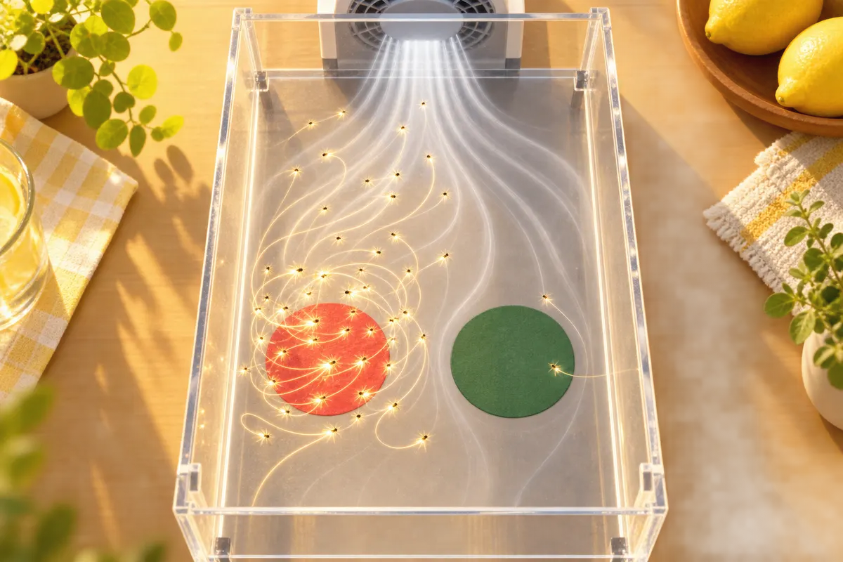 二酸化炭素を流したあと、蚊の飛んだ跡は赤い的のまわりに集まり、緑の的には集まらなかった(イメージ)