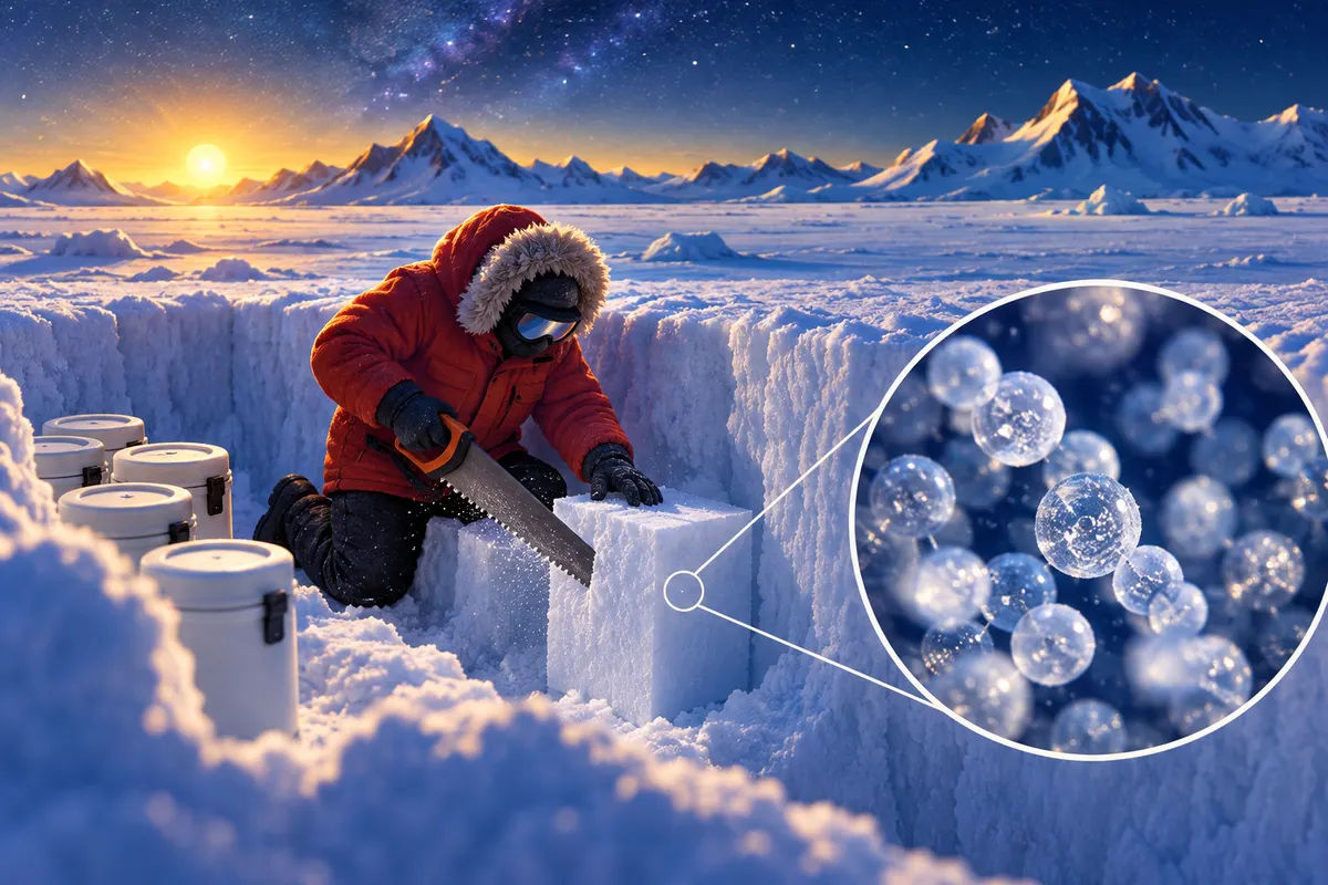雪を切り出し、溶かして、残った粒を顕微鏡で拾う