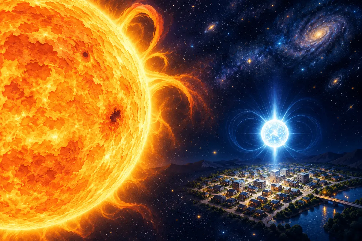 中性子星は、太陽くらいの重さを、1つの都市ほどの大きさにつめこんだ星。