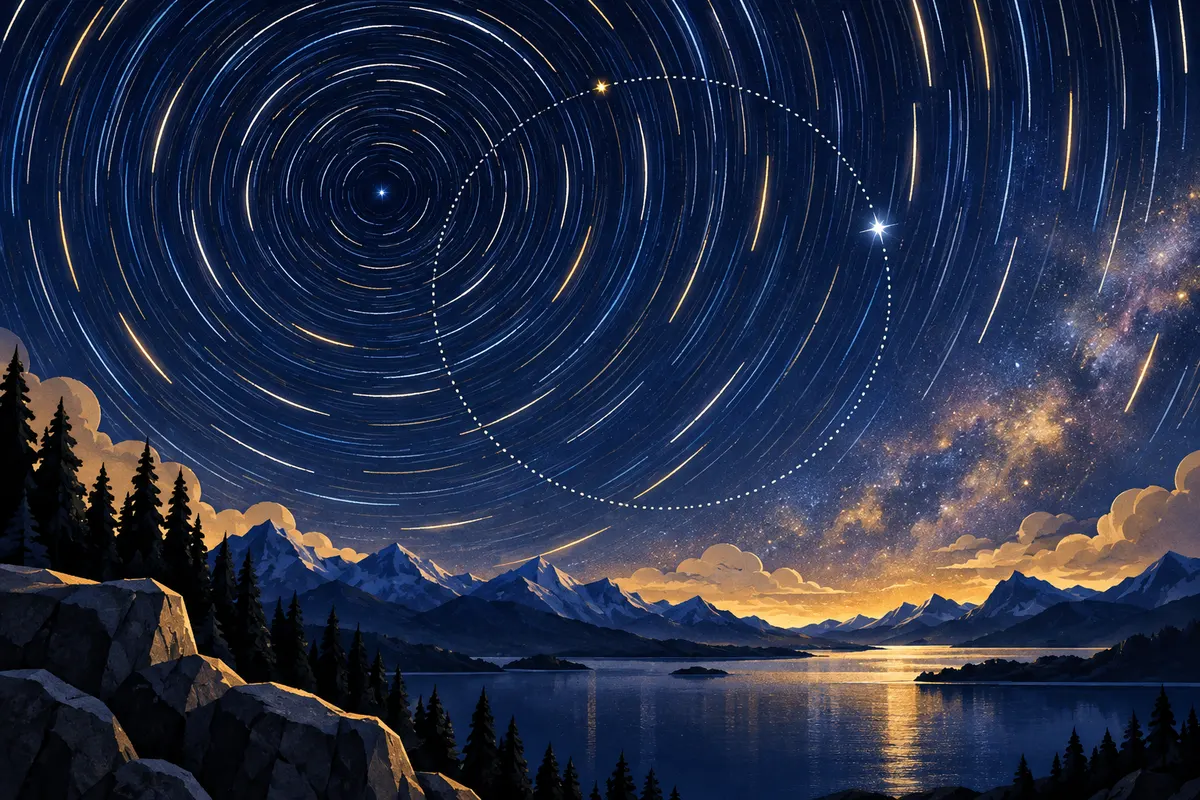 星が回る中心(天の北極)は、2万6000年かけて大きな円を描く
