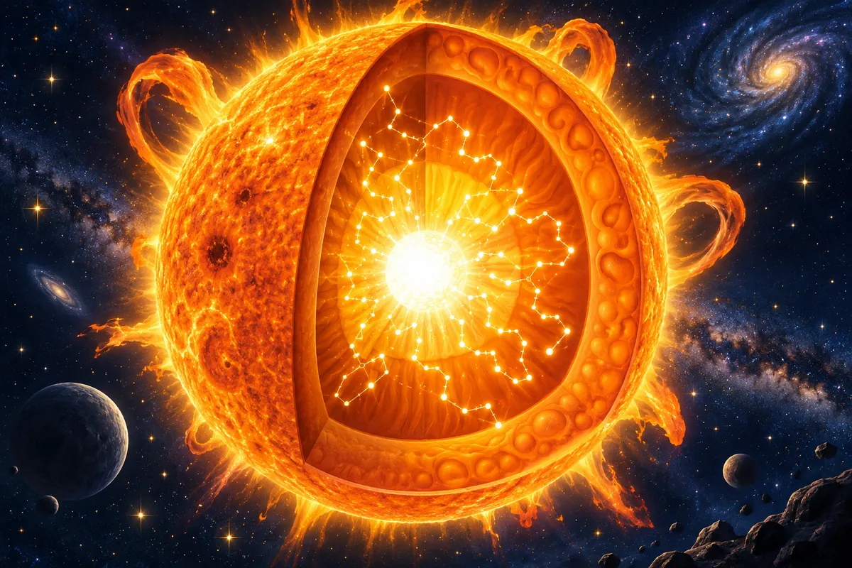 太陽の中の光は、粒にぶつかるたびに向きを変えながら、少しずつ外へ向かう